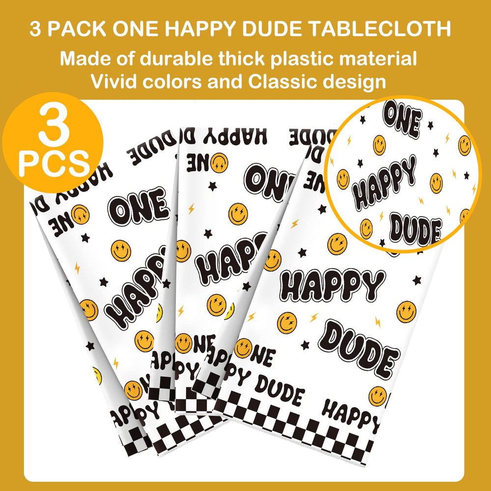 Newwiee One Happy Dude tablecloth with stars and bolts for festivity.