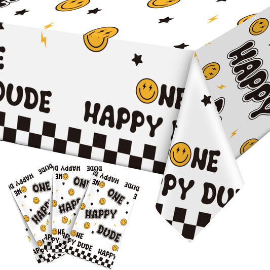Newwiee One Happy Dude tablecloth with white background for indoor parties.