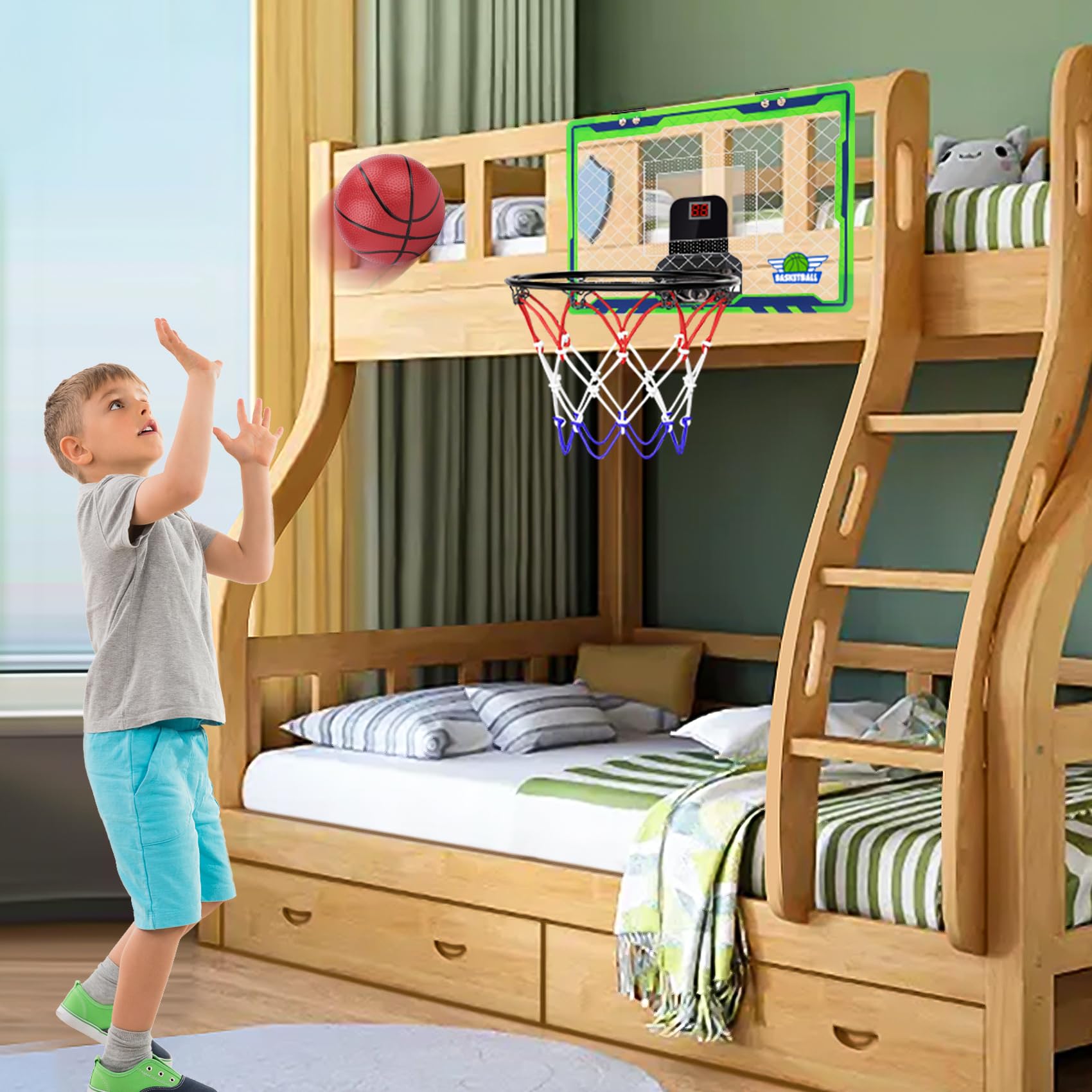 Children playing with the NEXBOX mini over-the-door hoop in living room