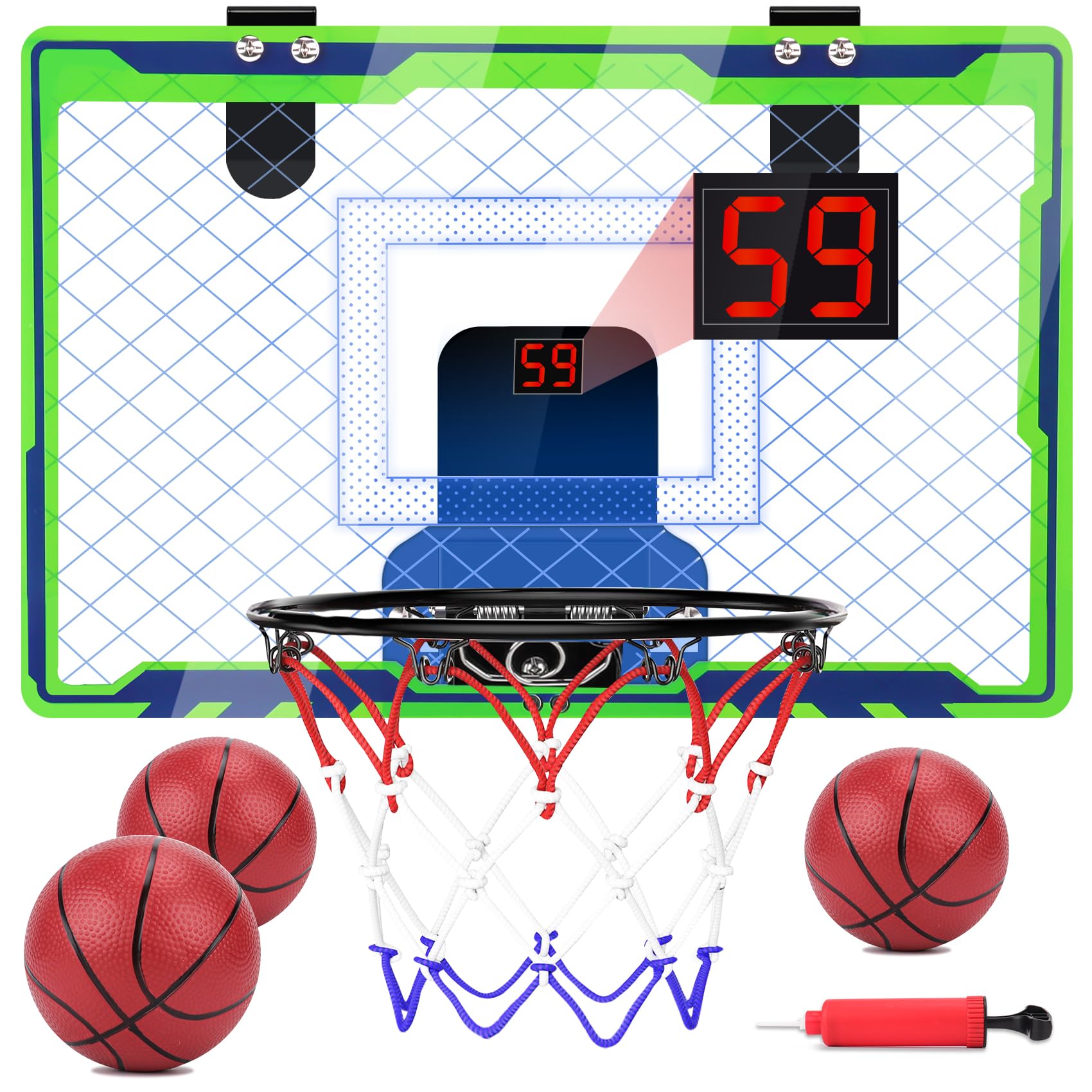 NEXBOX mini over-the-door hoop overview shows compact indoor play setup