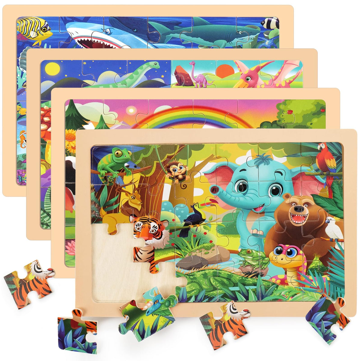 Nexority wooden puzzles with animal themes on a board, boosting focus