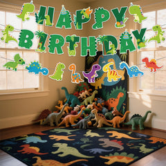 Neyeidru dino banner creates festive backdrop for birthday photos.