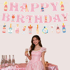 Neyeidru pink banner backdrop enhances party ambiance and guest photos.