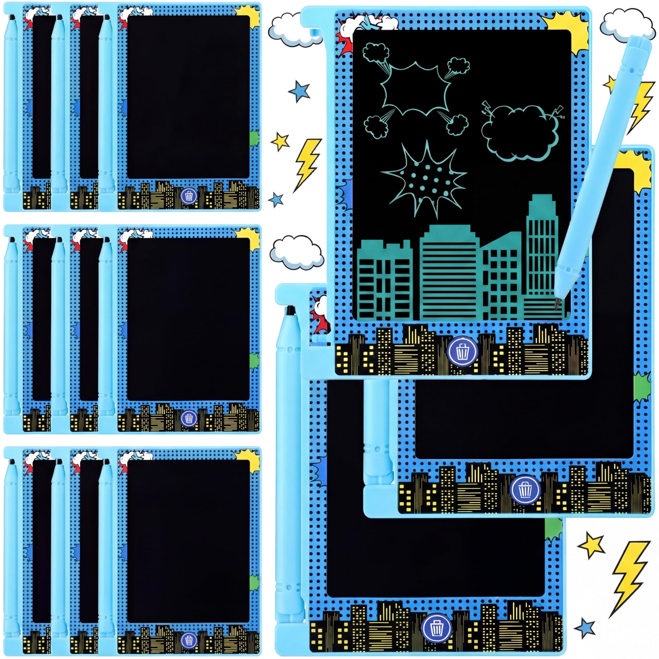 Nezyo 12-pack comics party favors front view—portable LCD doodle boards for quiet on-the-go fun.