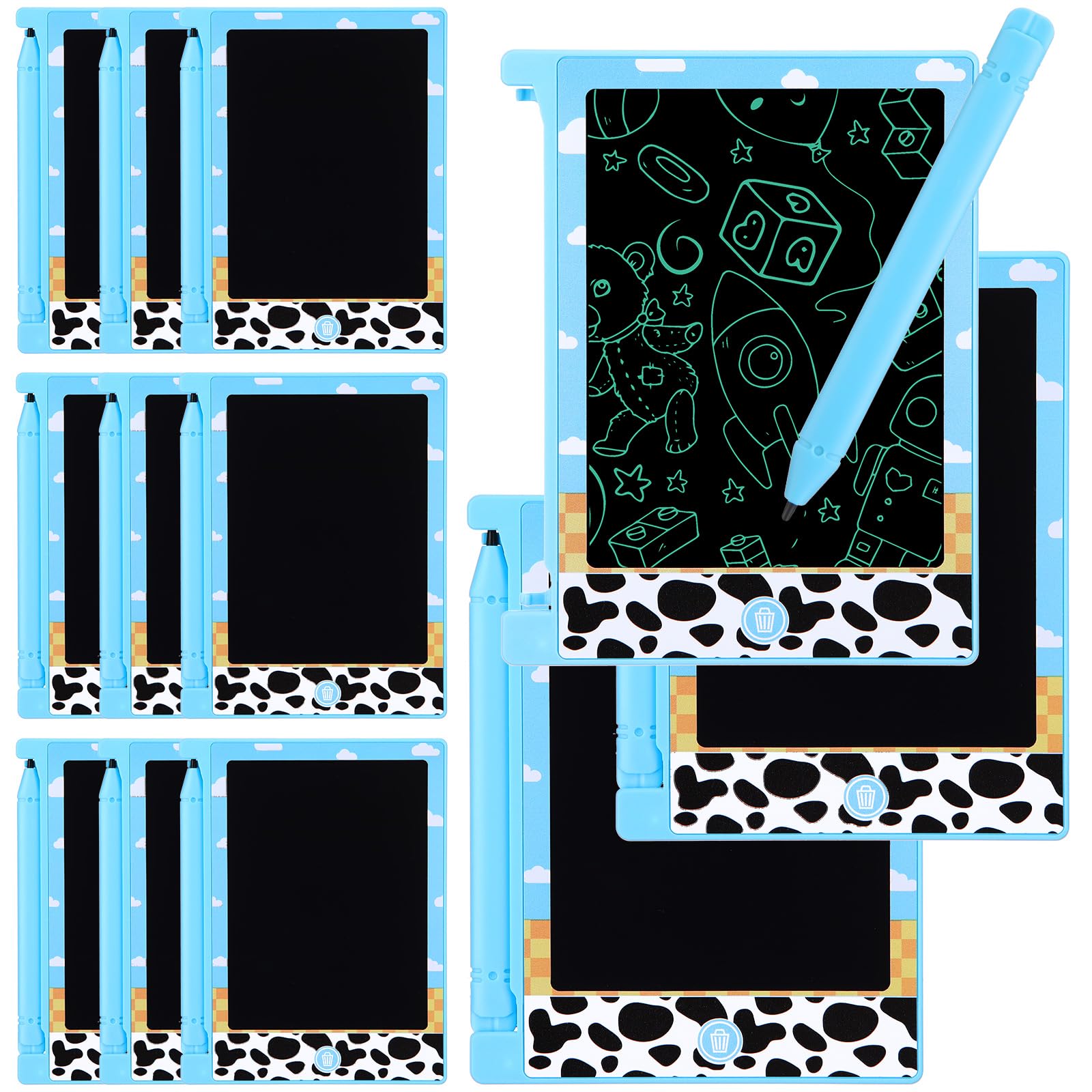 Nezyo 12-pack LCD writing tablets for kids with compact 4.6-inch drawing surfaces.