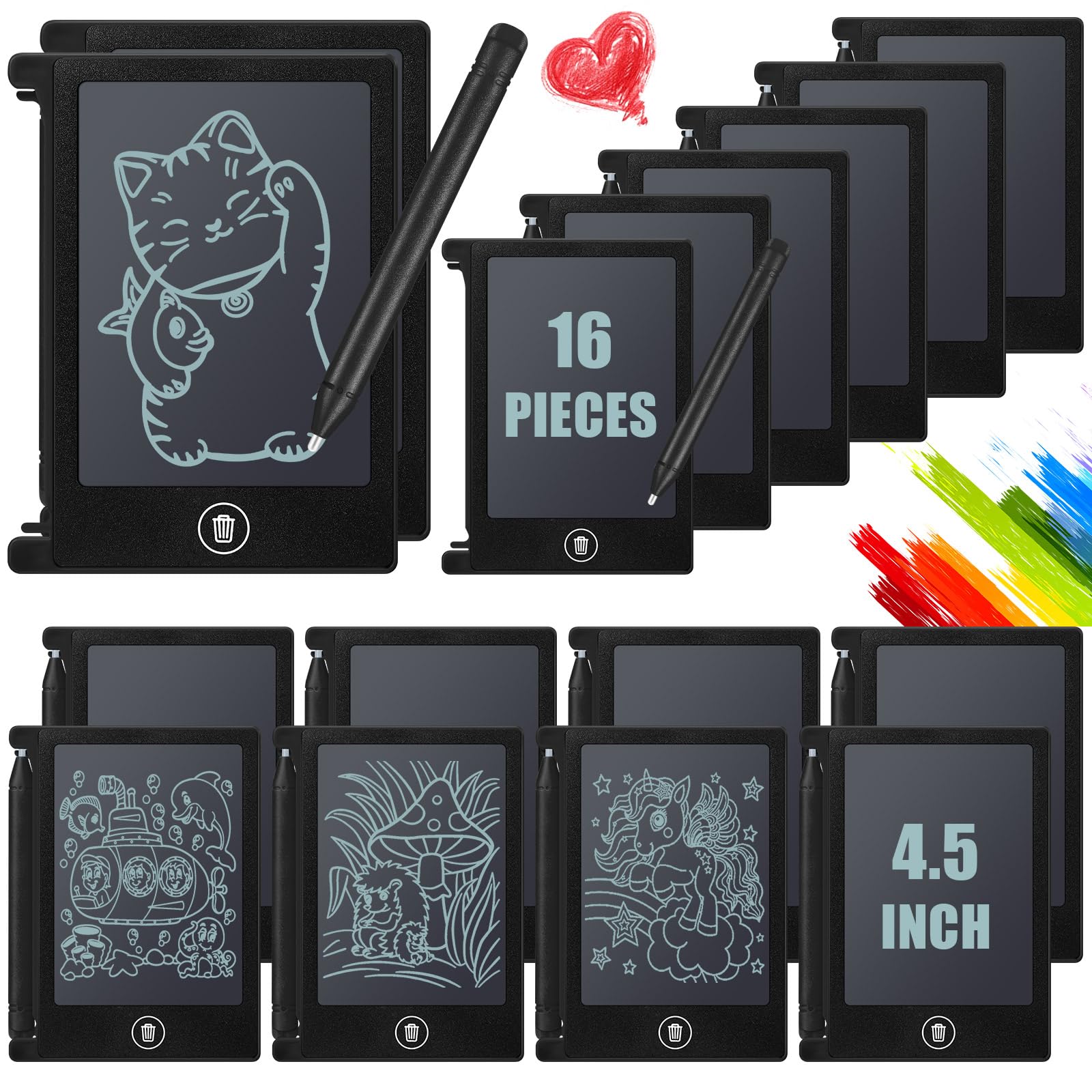 Nezyo 16-pack mini LCD writing tablets in black packaging for gifting and learning.