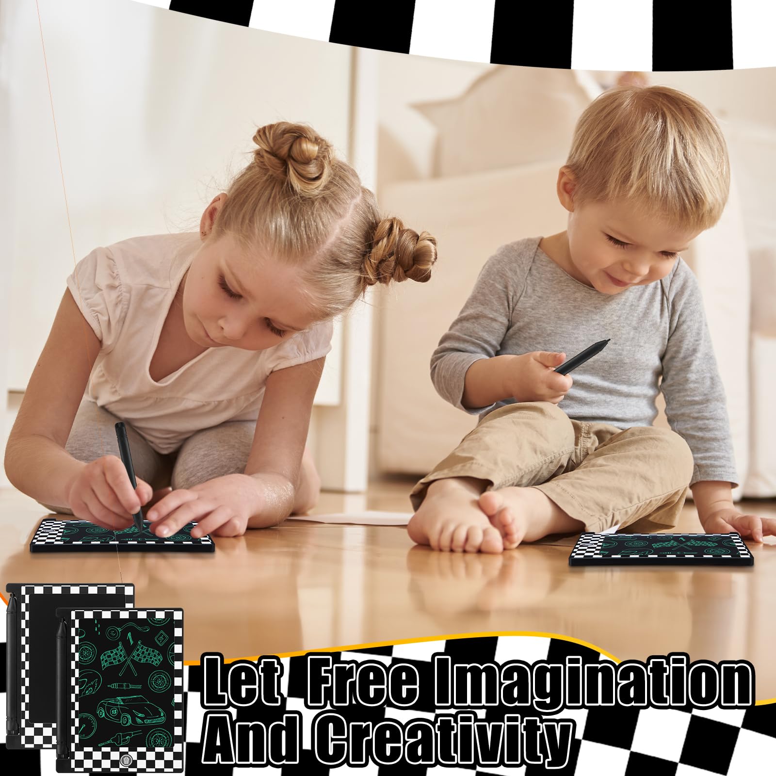 Nezyo checkered front tablet with race-theme design enhances party atmosphere