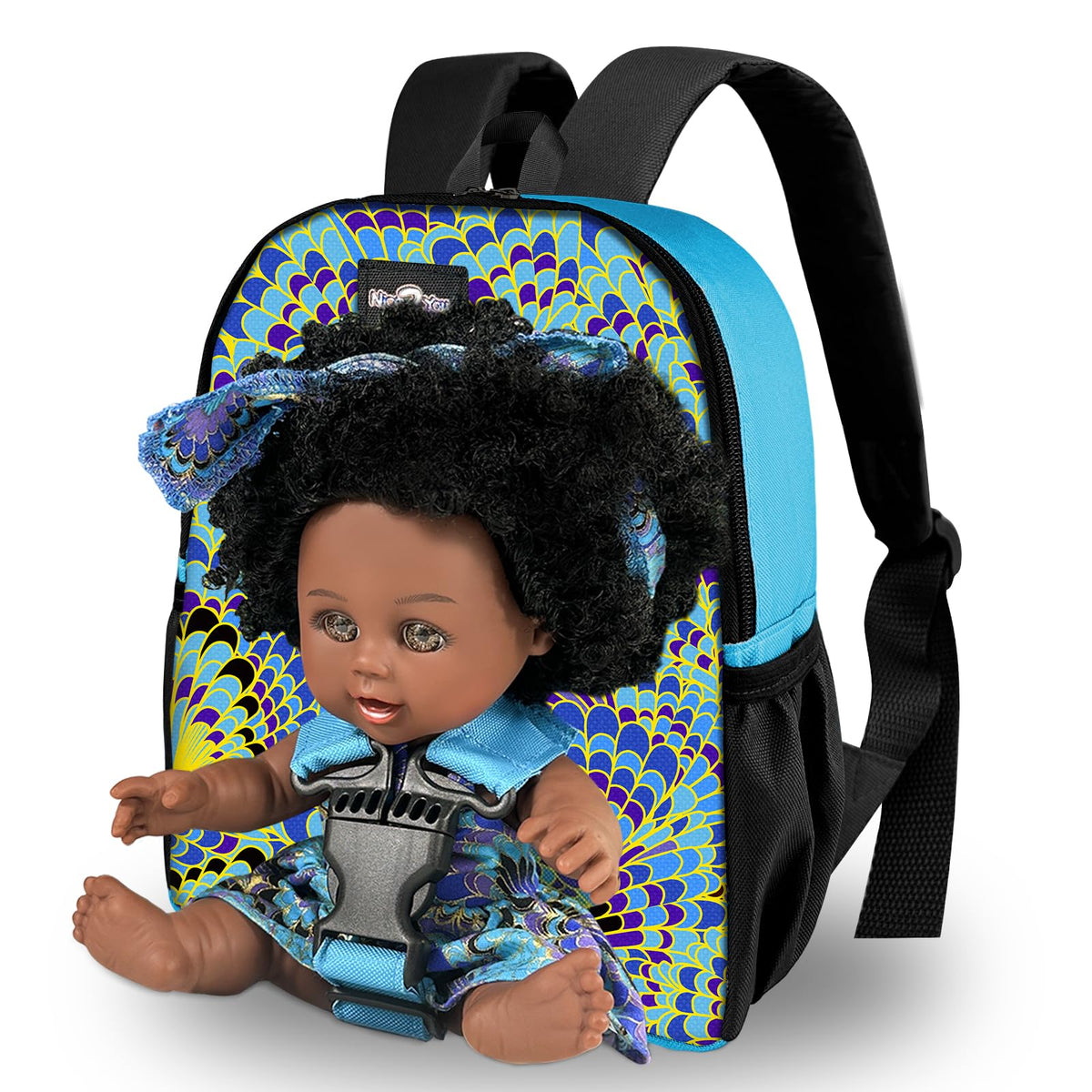 Nice2you black baby doll with backpack carrier for imaginative play.