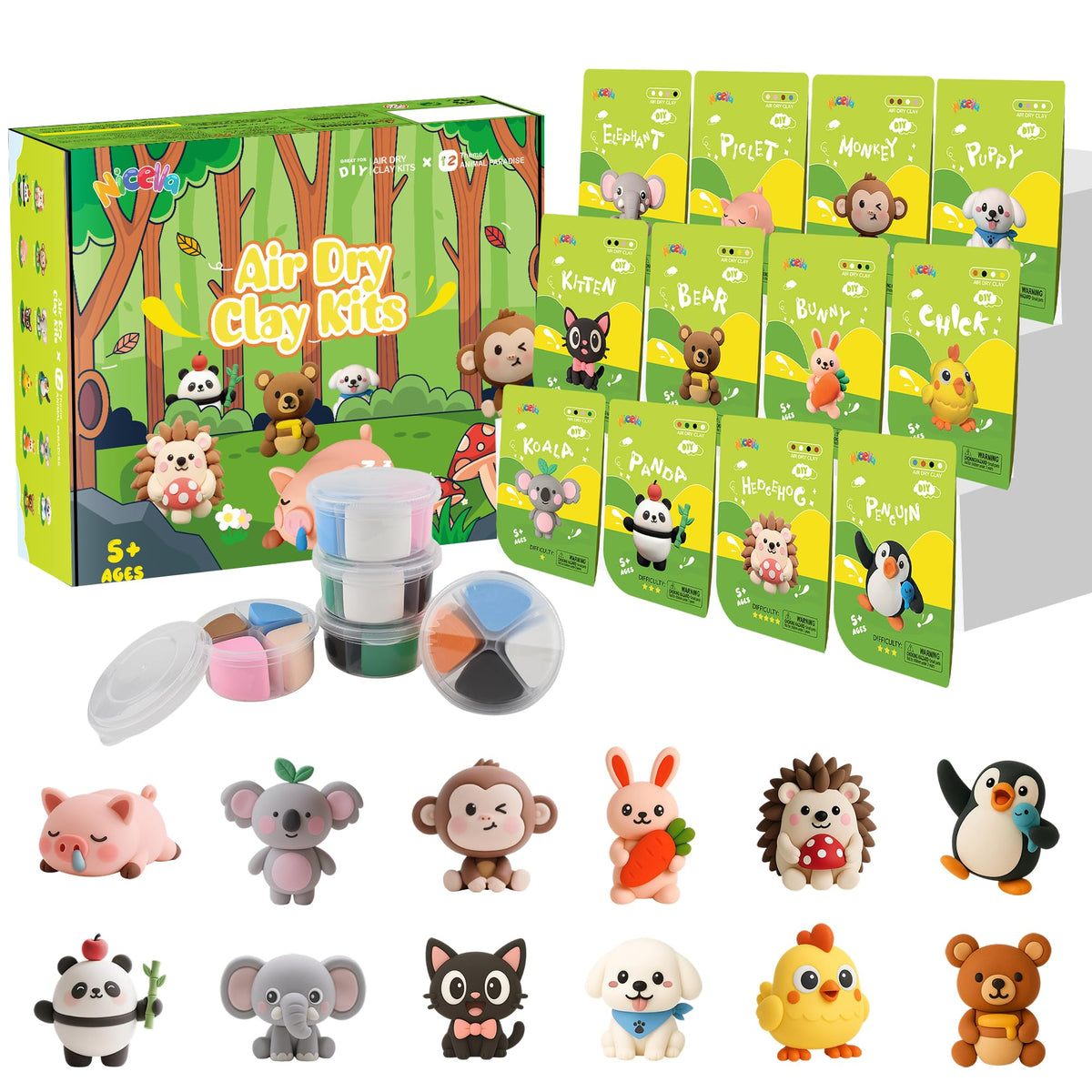 Nicella Air Dry Clay Kit showing 12 animals in vibrant color pods for kids.