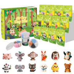 Nicella Air Dry Clay Kit showing 12 animals in vibrant color pods for kids.