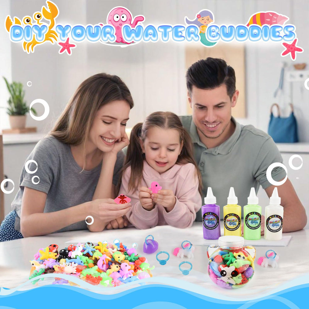 Nicella DIY aquarium bottles showcase finished toys in water display.