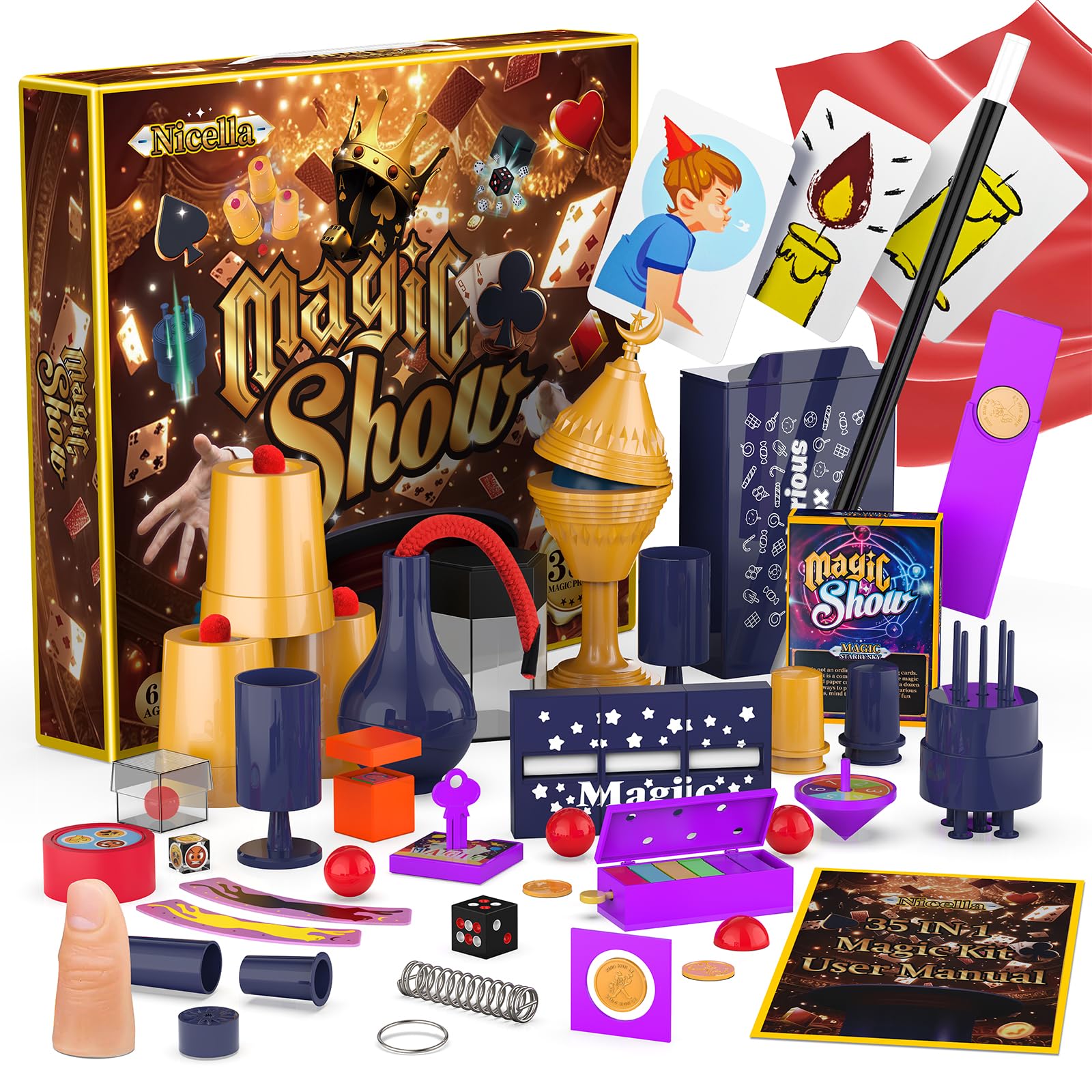 Nicella Magic Kit contents laid out for kid-friendly magic shows and practice