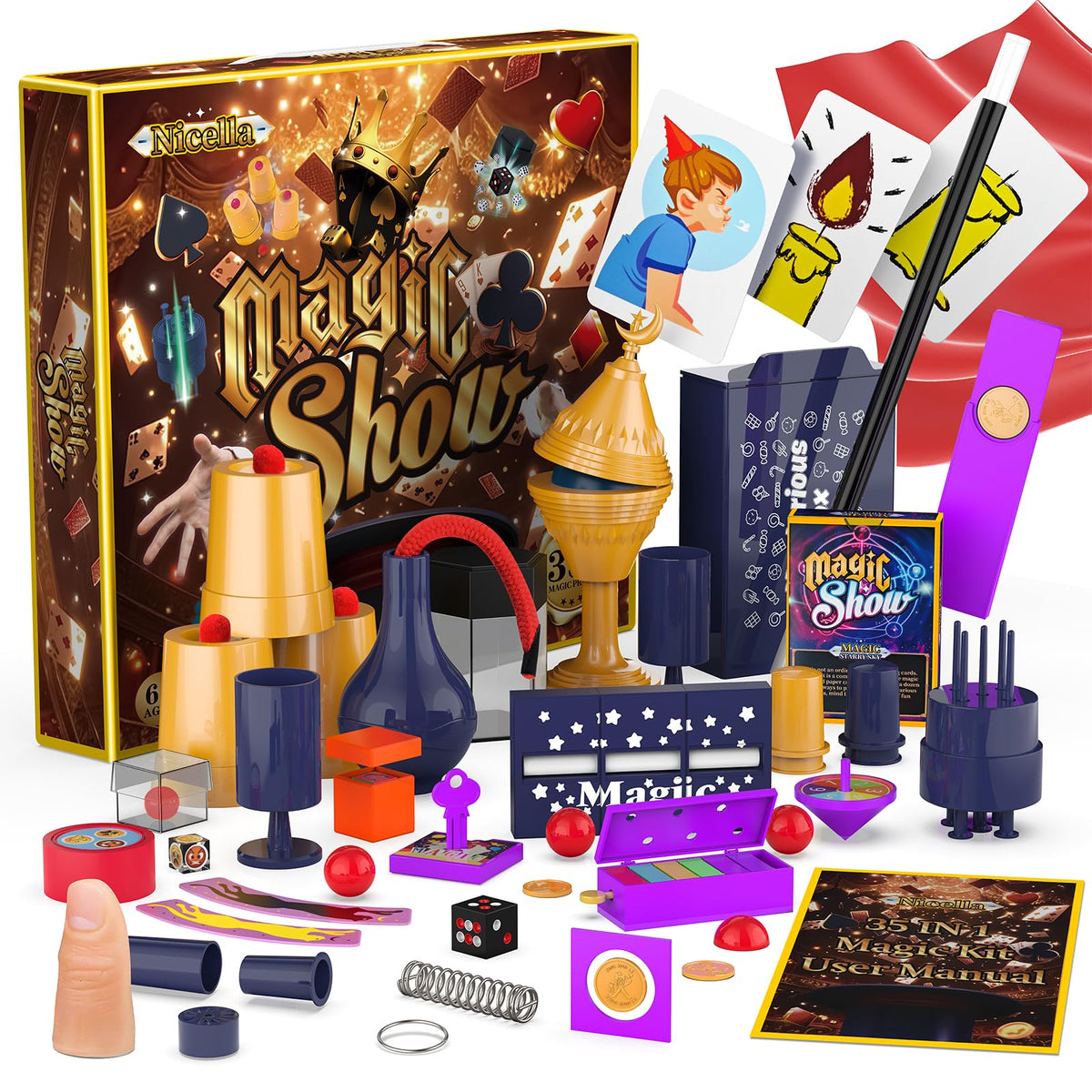 Nicella Magic Kit contents laid out for kid-friendly magic shows and practice