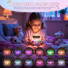 Nicella unicorn LED night light remote showing color options for cozy bed-time ambiance.