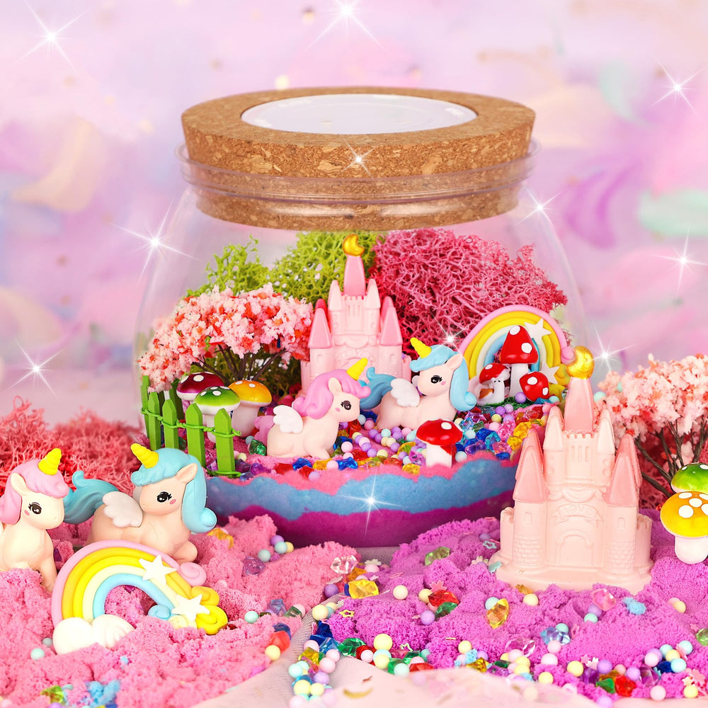 Nicella unicorn terrarium kit open box with all parts for a colorful craft session.