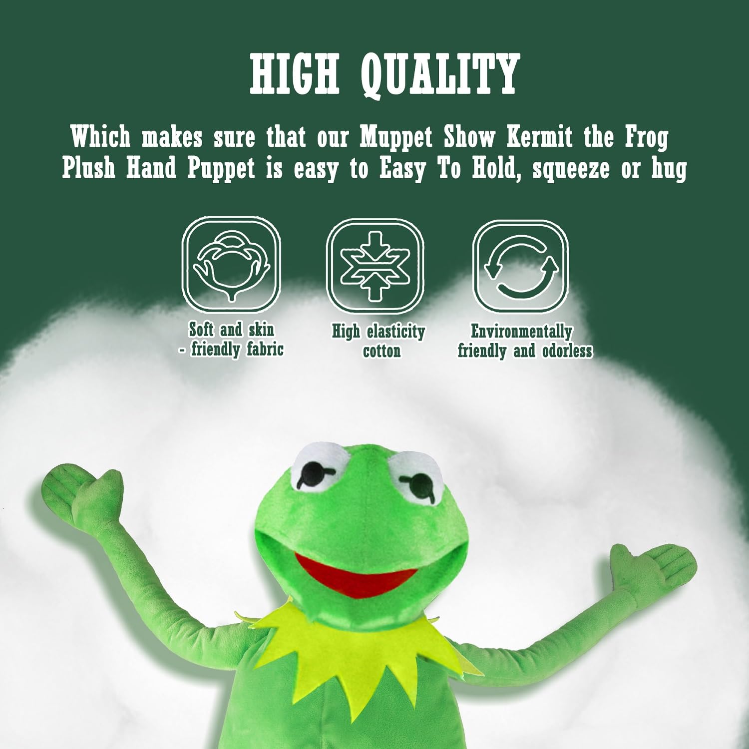 NICERINC Kermit Frog Puppet soft fabric for easy gripping and hugs.