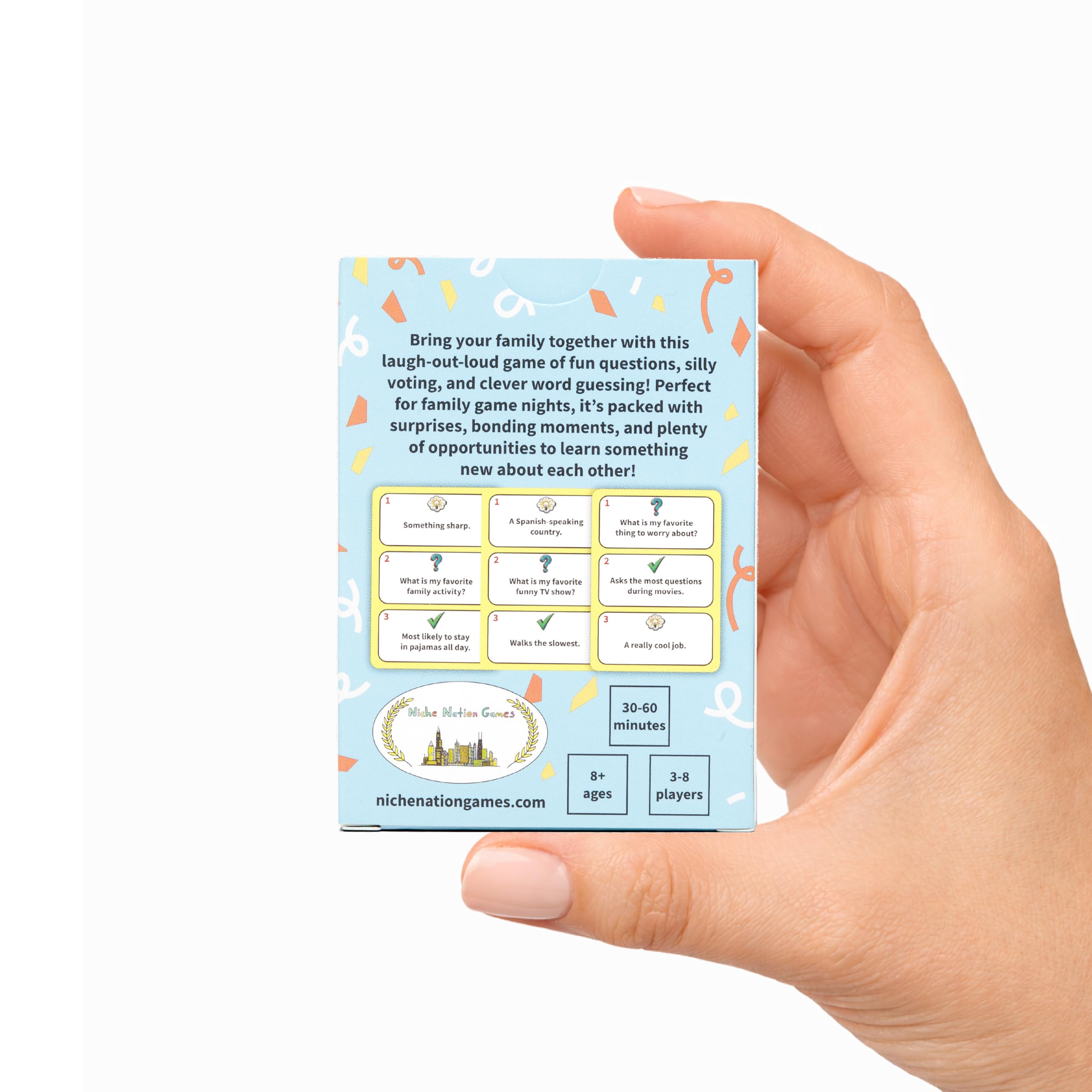 Niche Nation Games Family Guess Fest conversation starters displayed on cards.