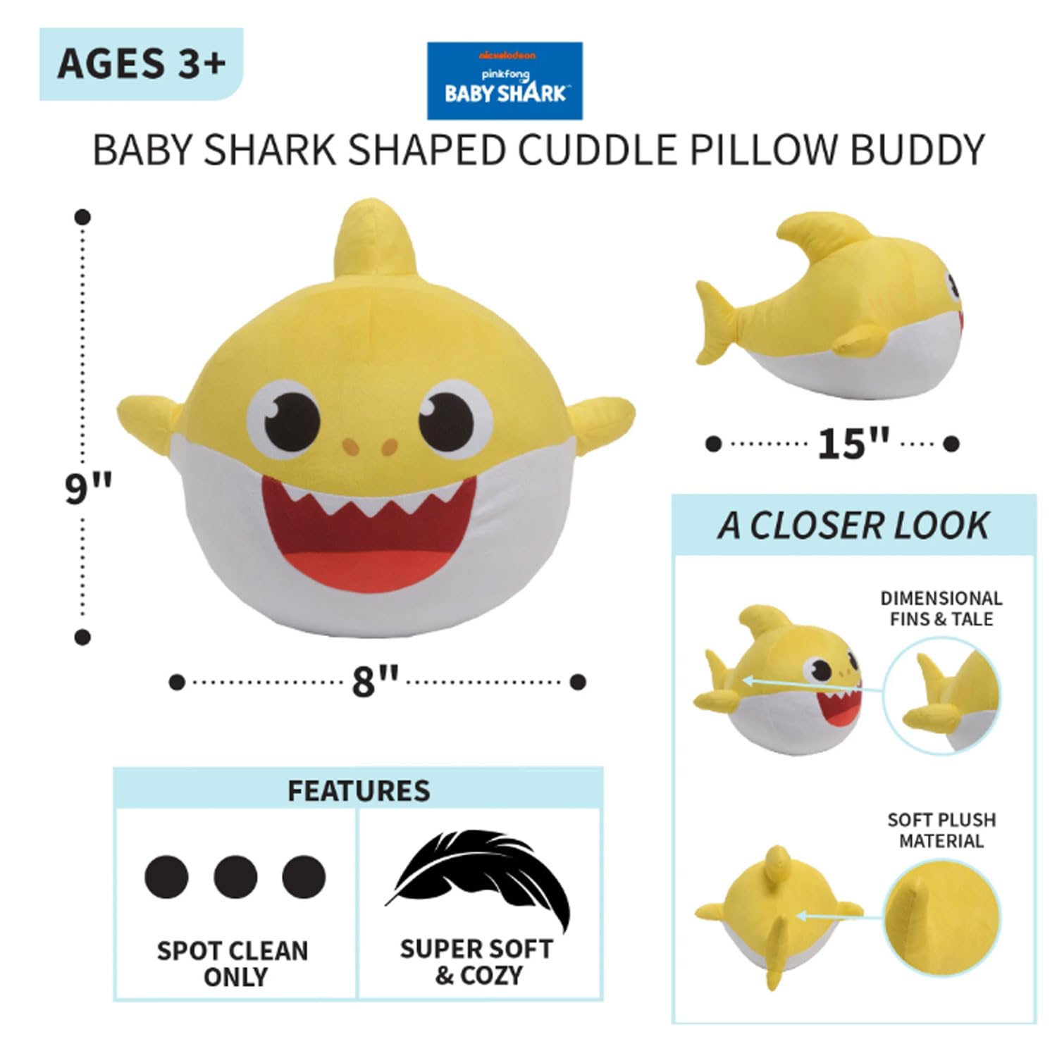Nickelodeon Baby Shark pillow back view showing vibrant character details