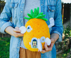 Nickelodeon SpongeBob pineapple house plush, close-up soft fabric, premium plush texture.