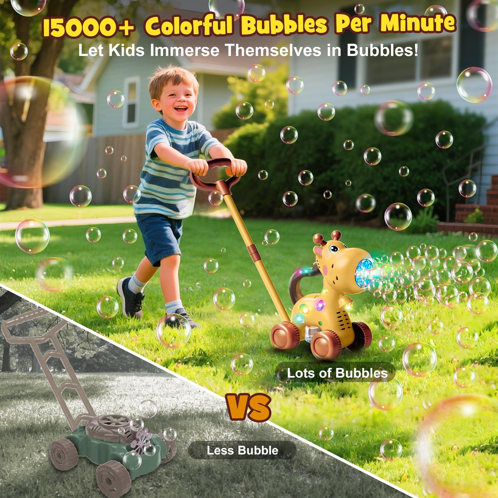 Nicmore giraffe bubble machine handheld for flexible bubbles during indoor or outdoor play.