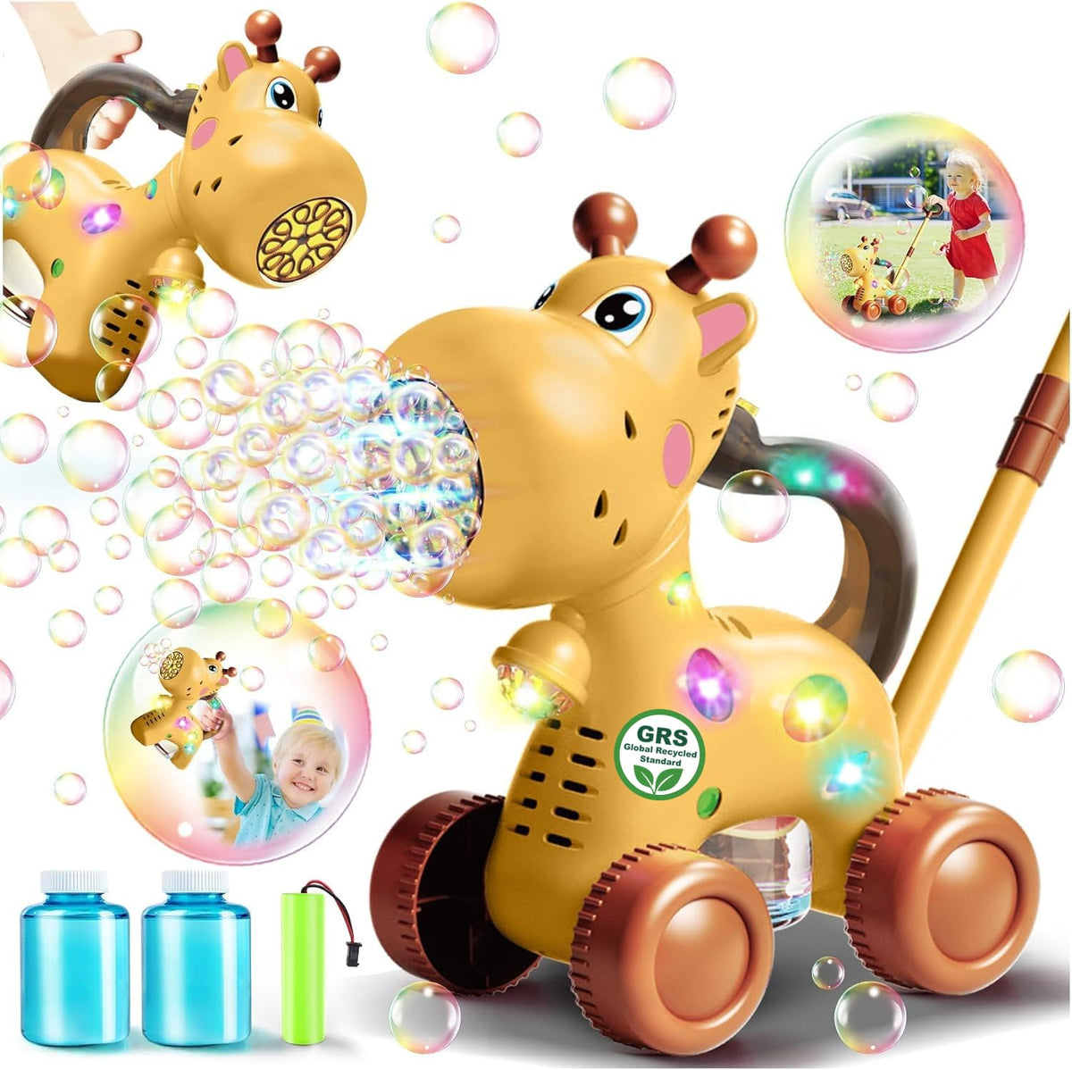 Nicmore giraffe bubble machine in push mode for walking fun and imaginative play.