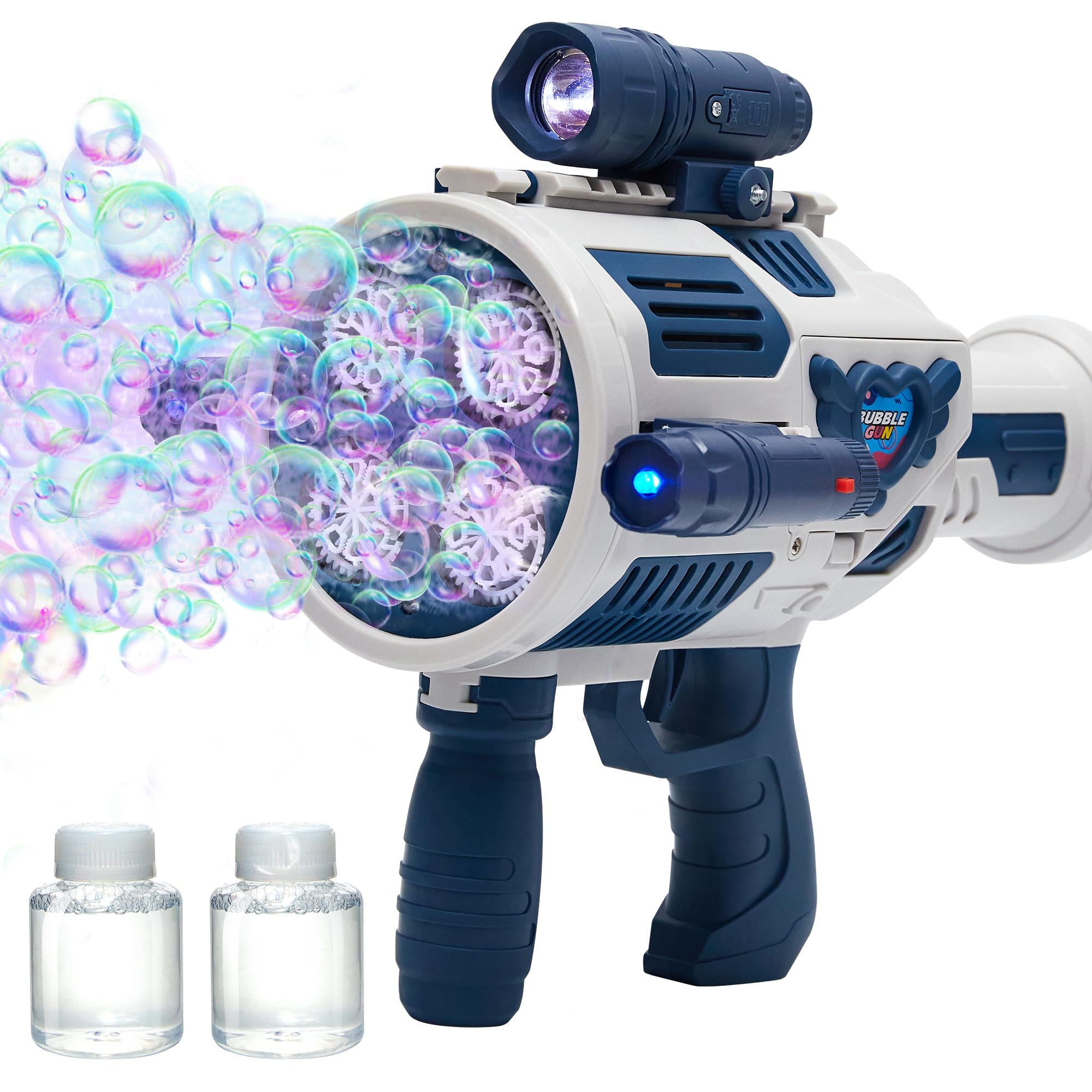 Nicojoy bubble gun with upgraded 4-fan drives for rich bubbles during outdoor play