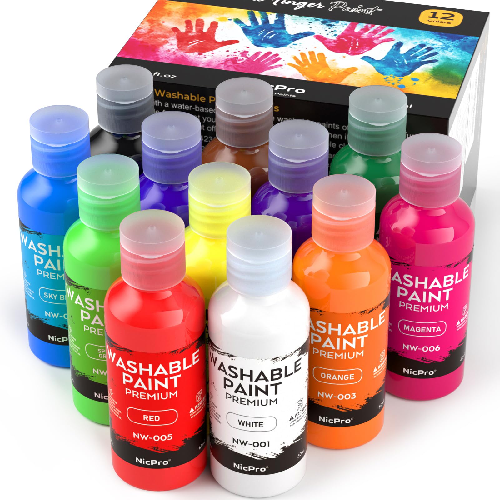 Nicpro 12-color washable finger paint set shown with 2oz bottles for mess-free art