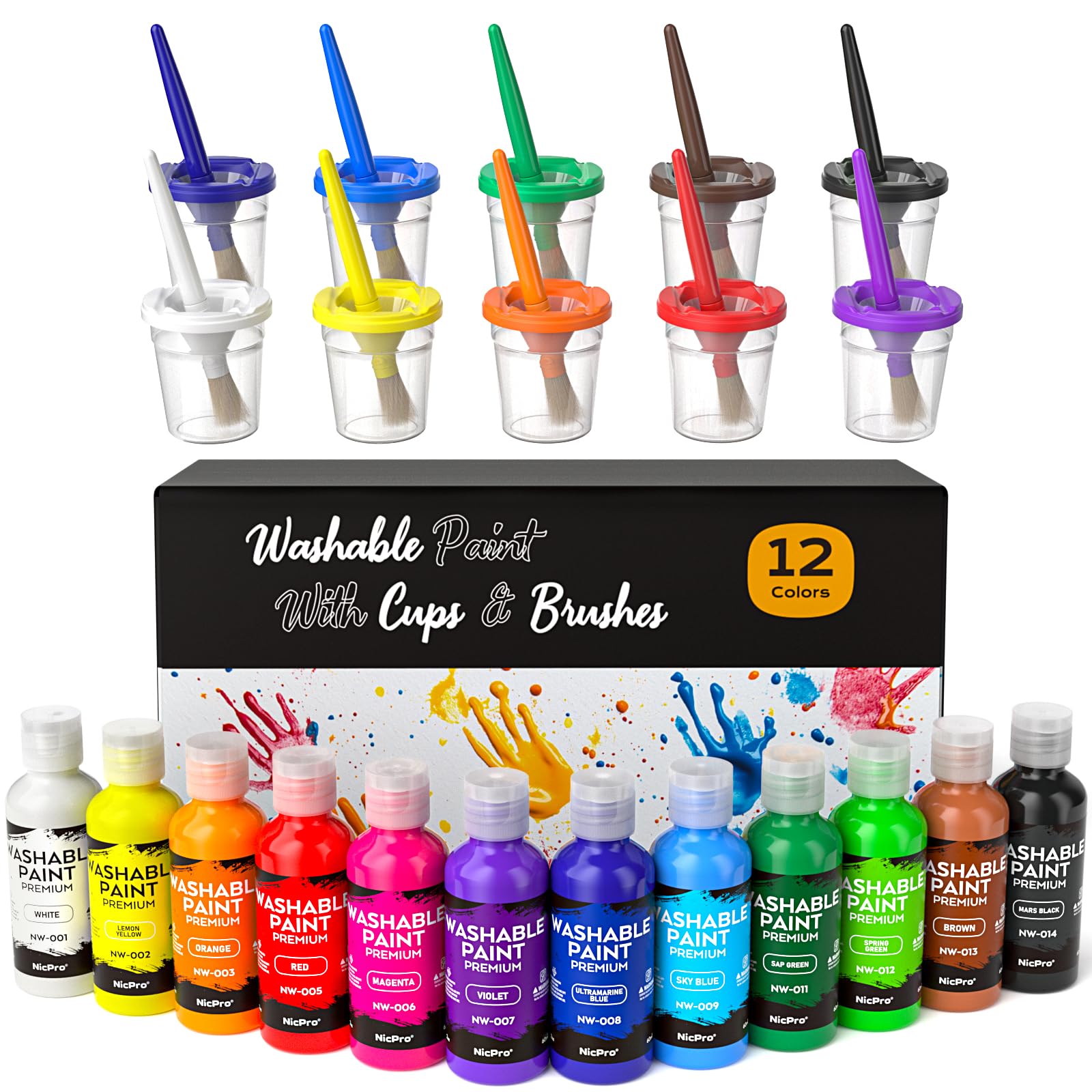 Nicpro 12Colors washable paints set with vibrant hues for easy cleanup.