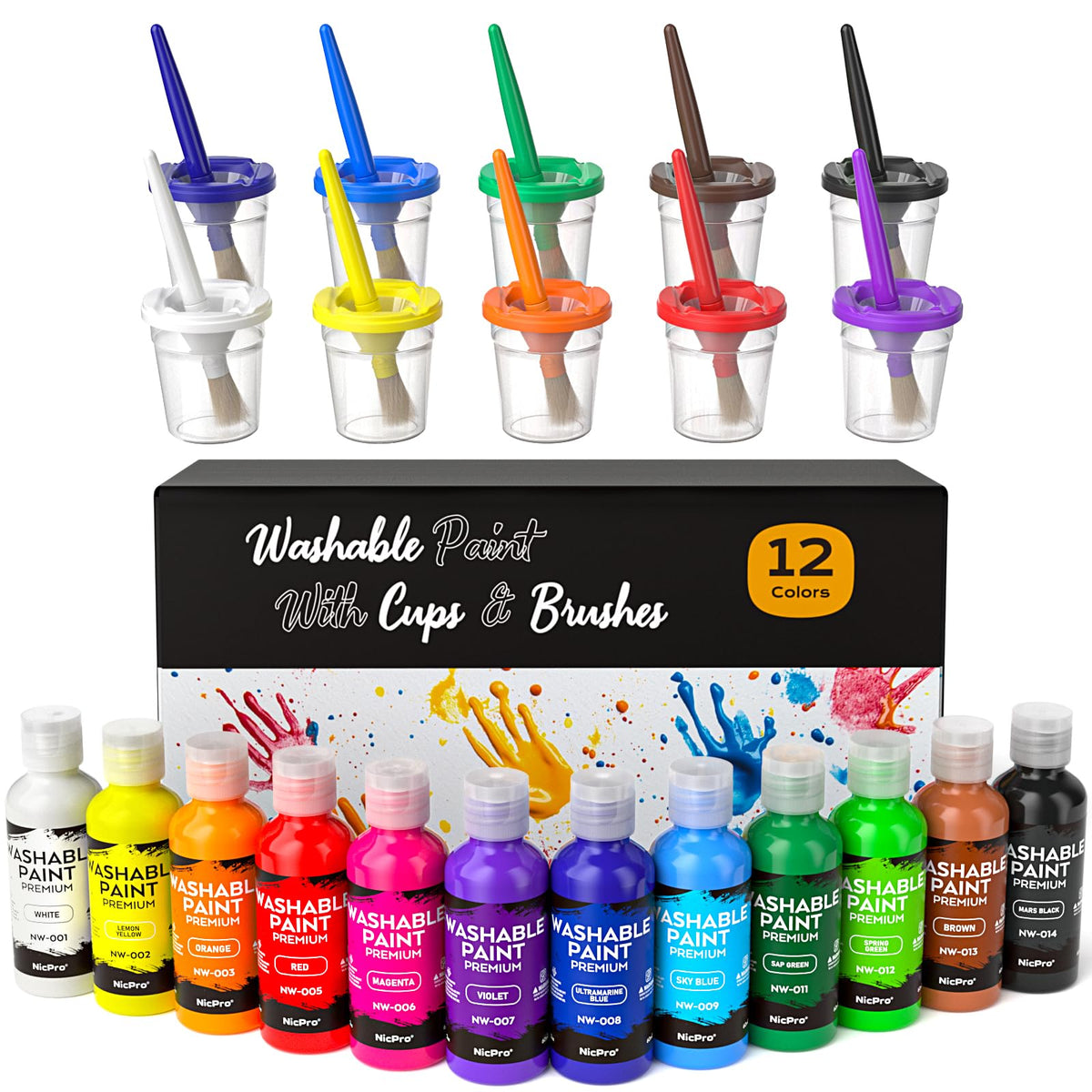 Nicpro 12Colors washable paints set with vibrant hues for easy cleanup.