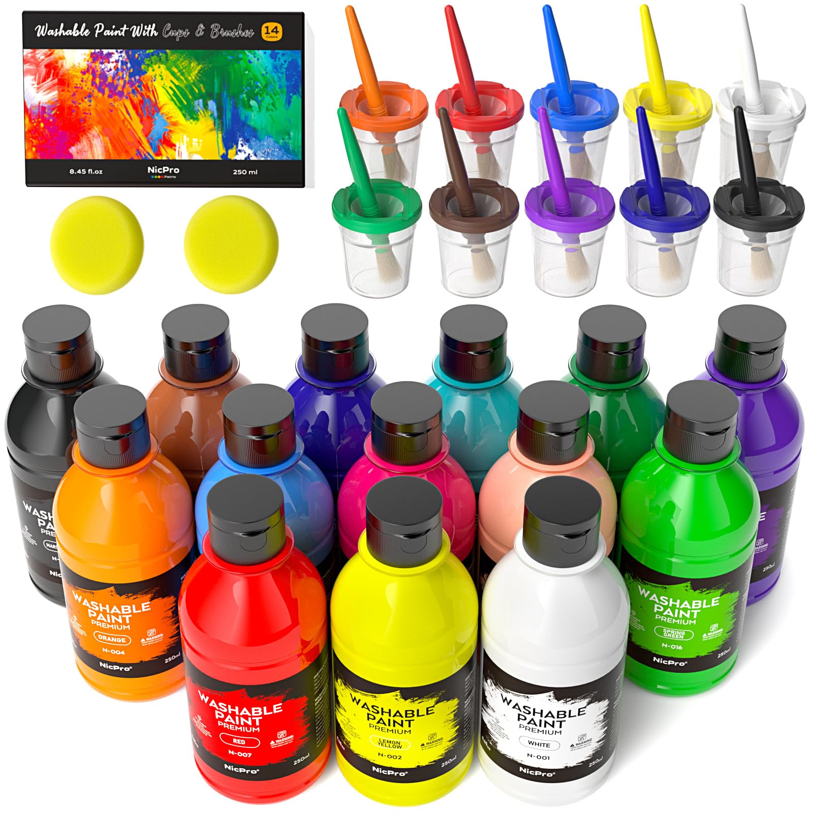 Nicpro 14-color large washable paint bottles with vibrant color and easy cleanup.