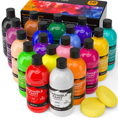 Nicpro 18-color washable paint set bottles showing vibrant hues and easy cleanup.