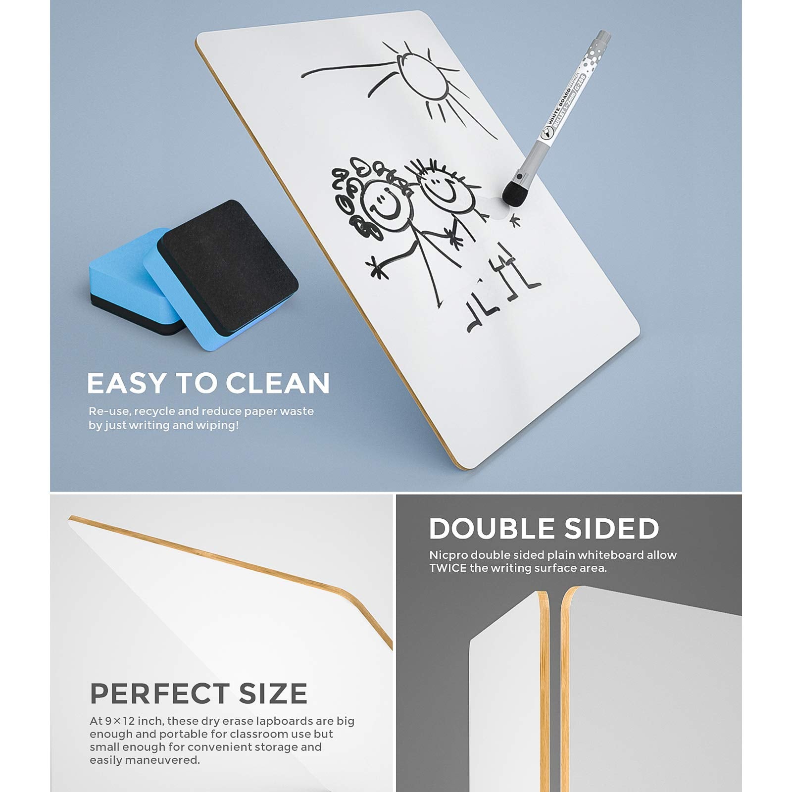 Nicpro dry erase lap board markers and erasers included for easy setup.