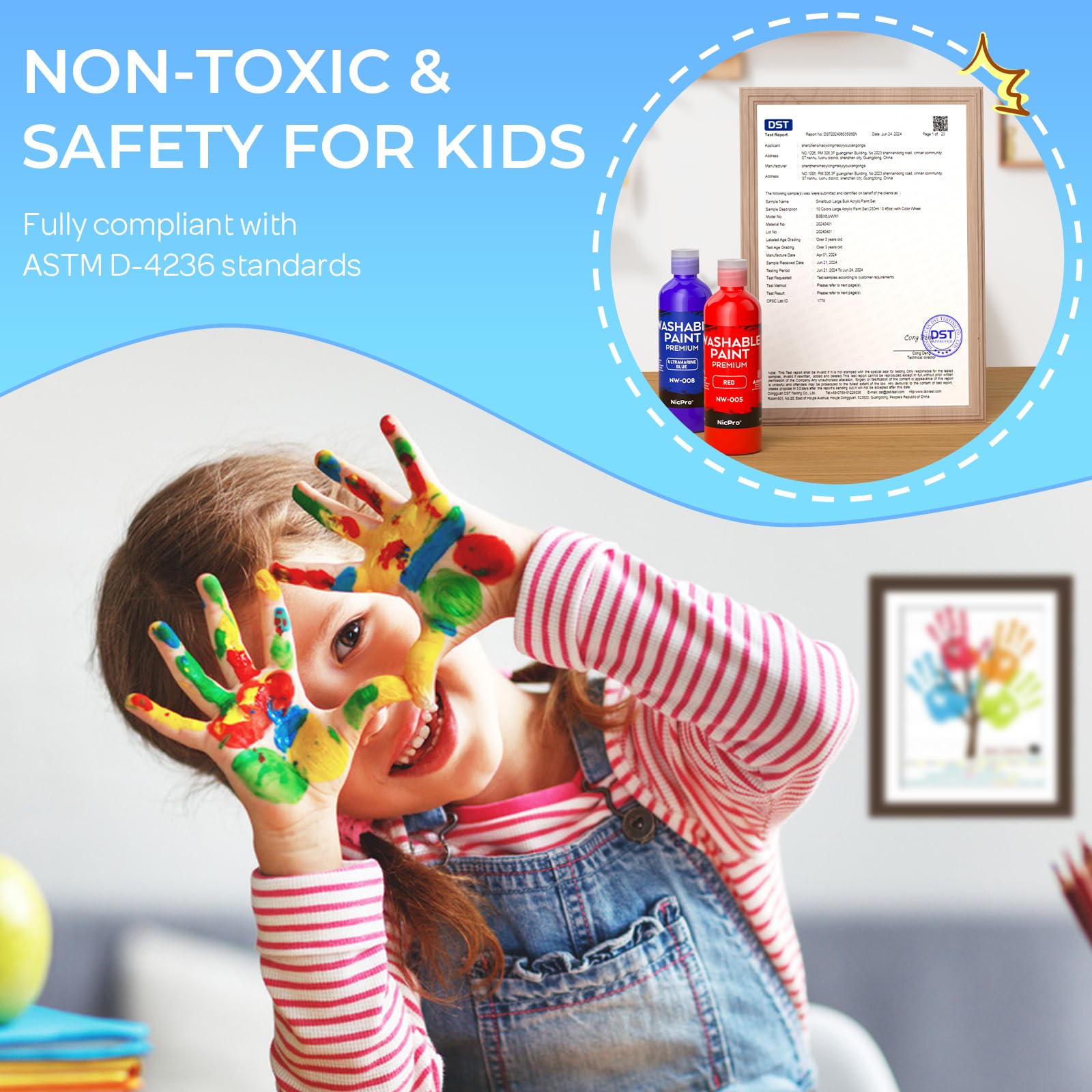 Nicpro kid-safe non-toxic label confirms ASTM D-4236 compliance for parents.