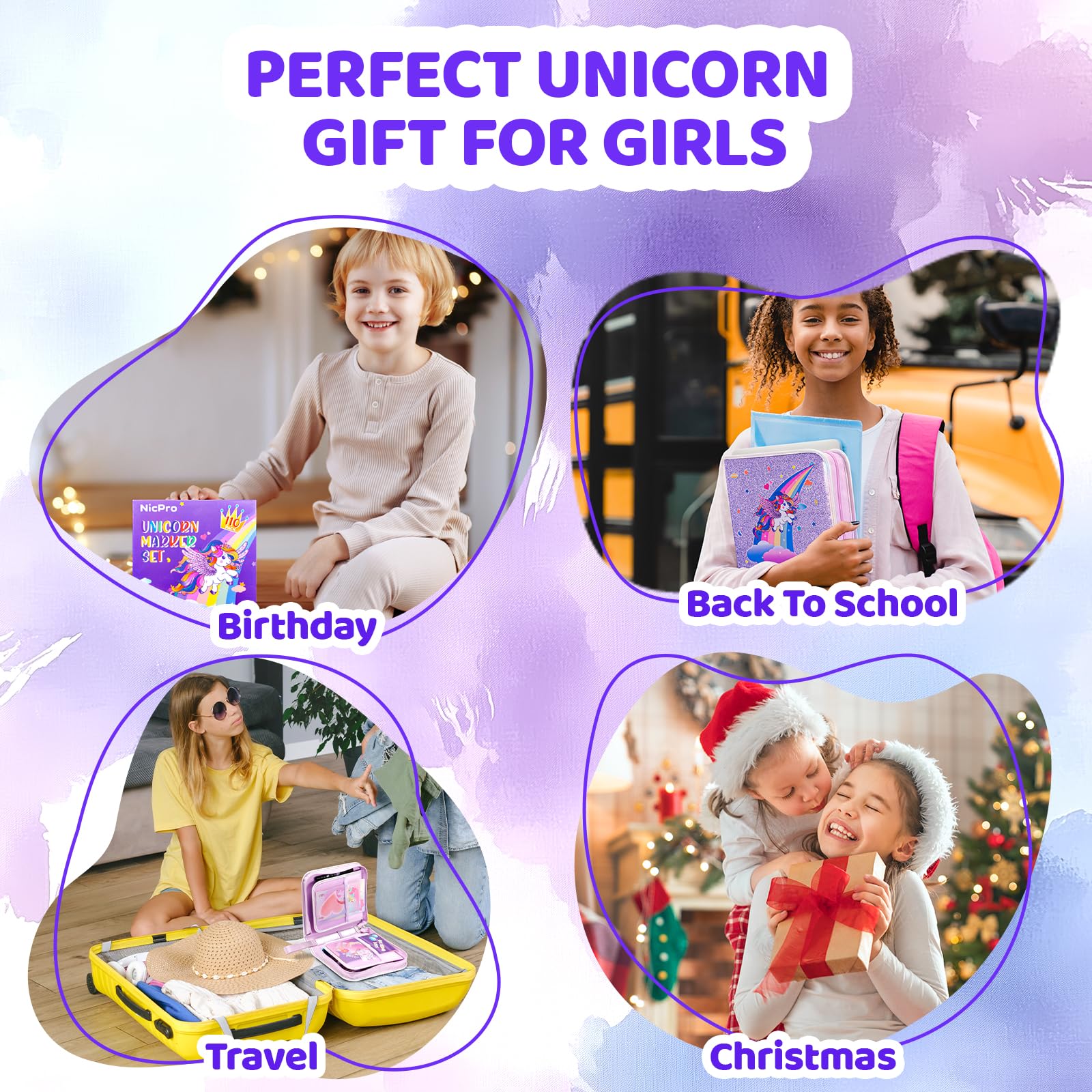 Nicpro Unicorn marker set accessories: stamps, envelopes, and papers for crafty play.
