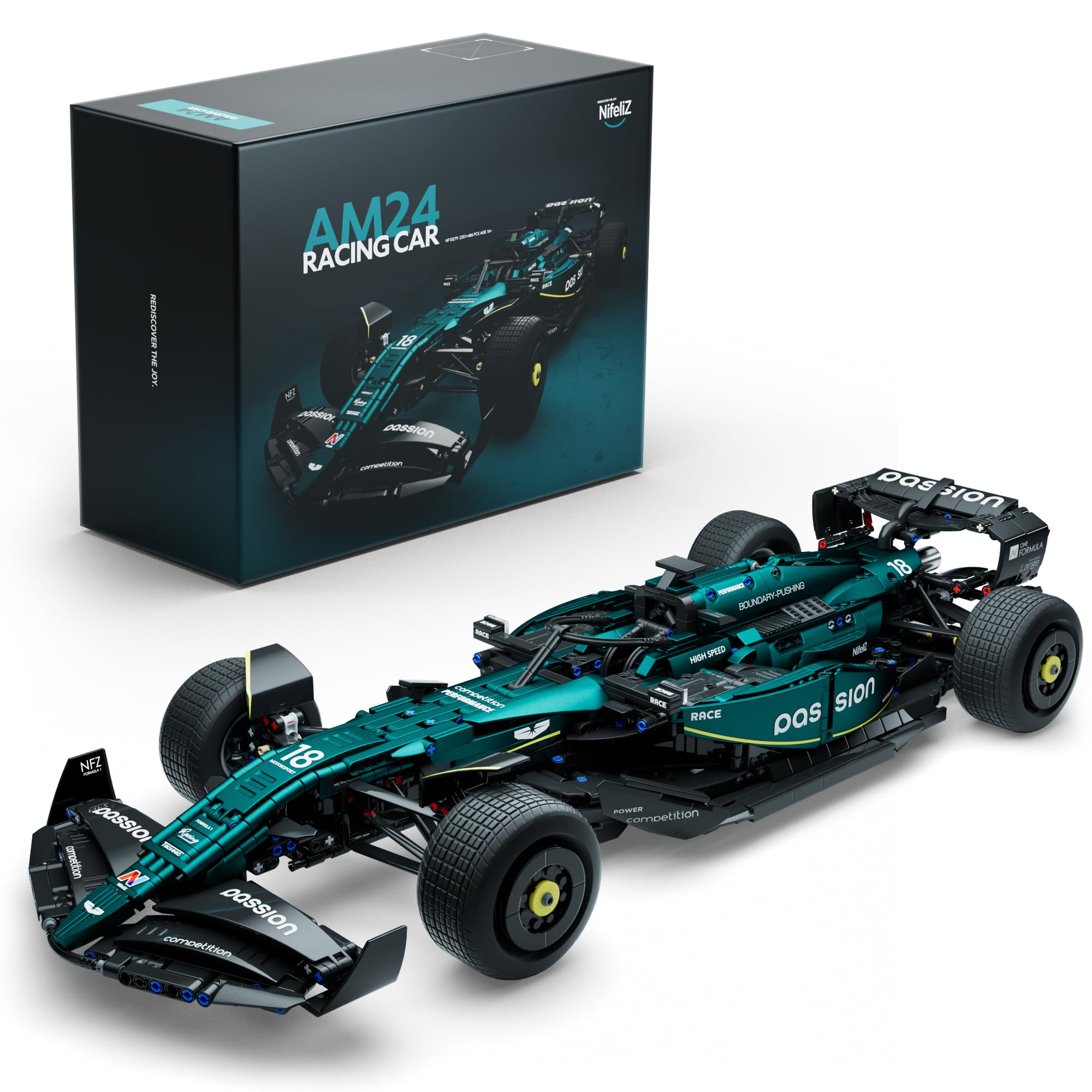 Nifeliz AM24 Formula 1 build kit during assembly for display-ready chassis.