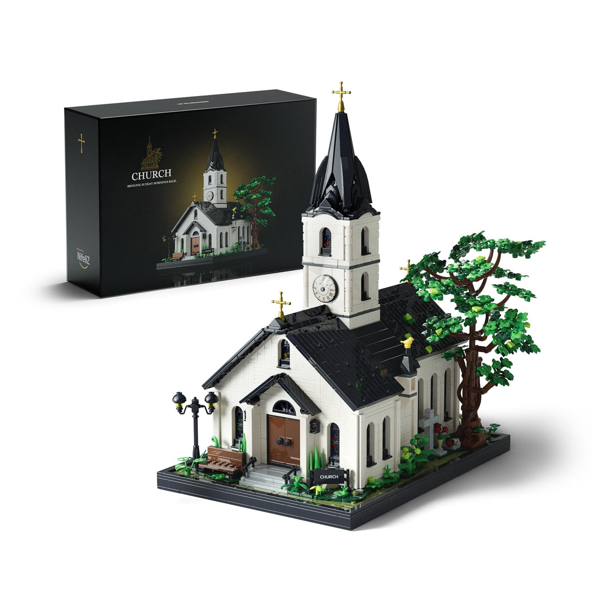 Nifeliz Church Building Set exterior entrance showcases timeless architecture for display and collectability.