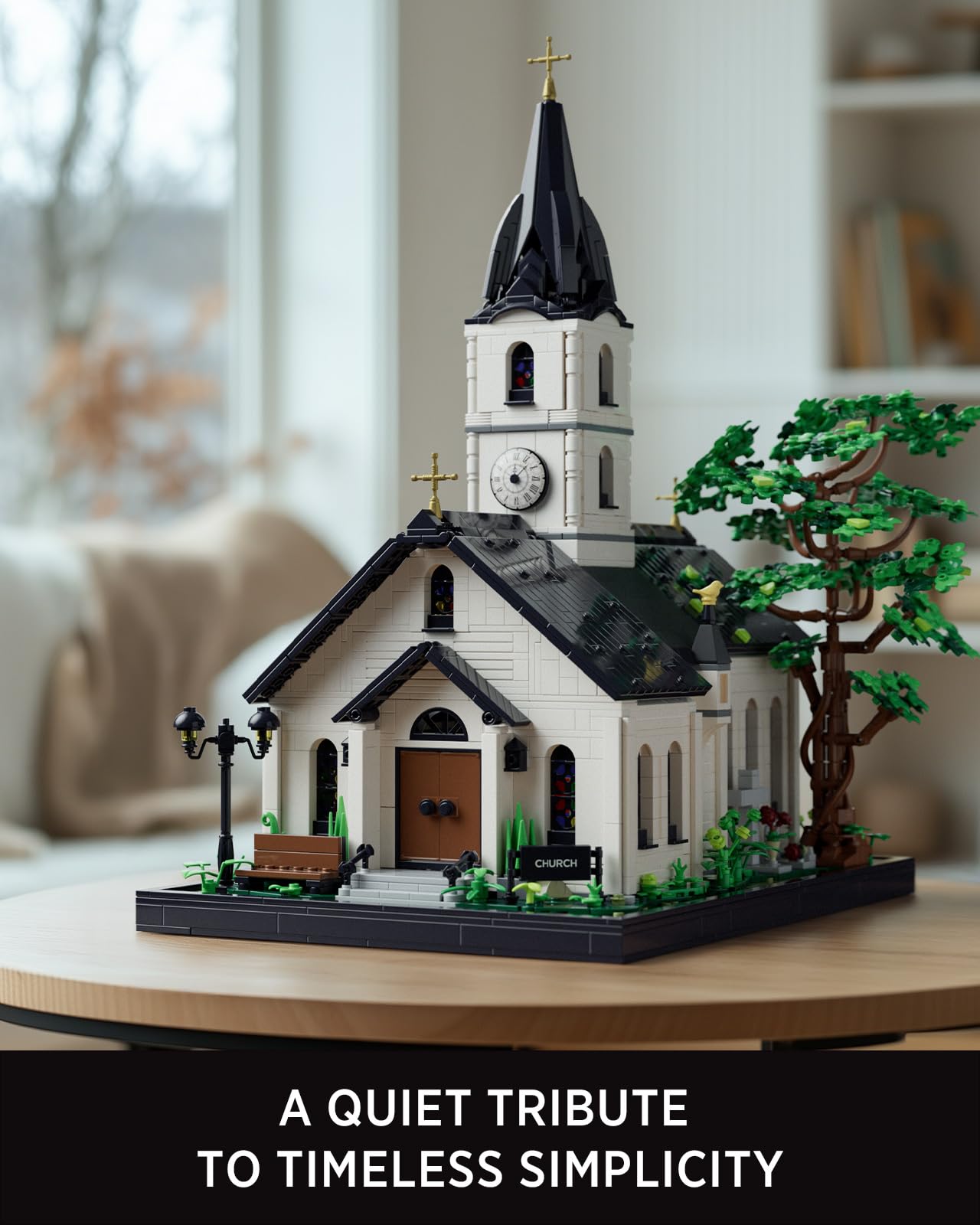 Nifeliz Church Building Set interior pews highlight warm details for shelf decor and storytelling.