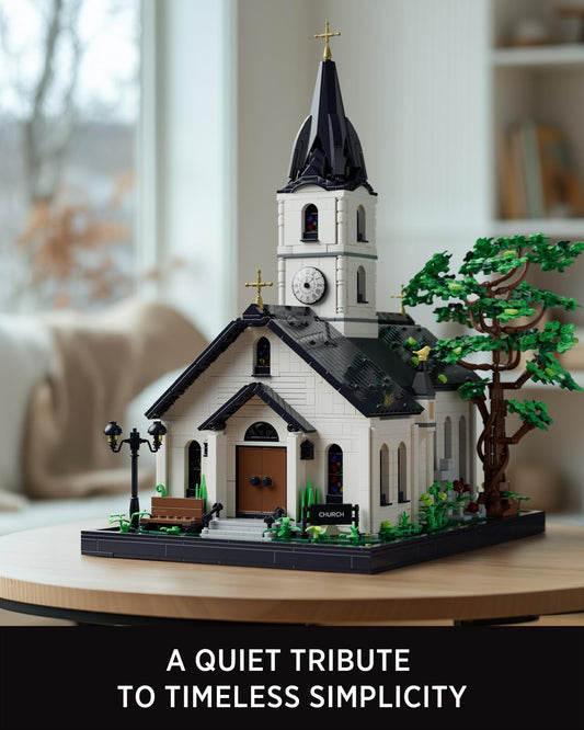 Nifeliz Church Building Set interior pews highlight warm details for shelf decor and storytelling.