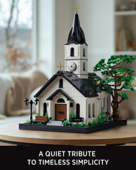 Nifeliz Church Building Set interior pews highlight warm details for shelf decor and storytelling.