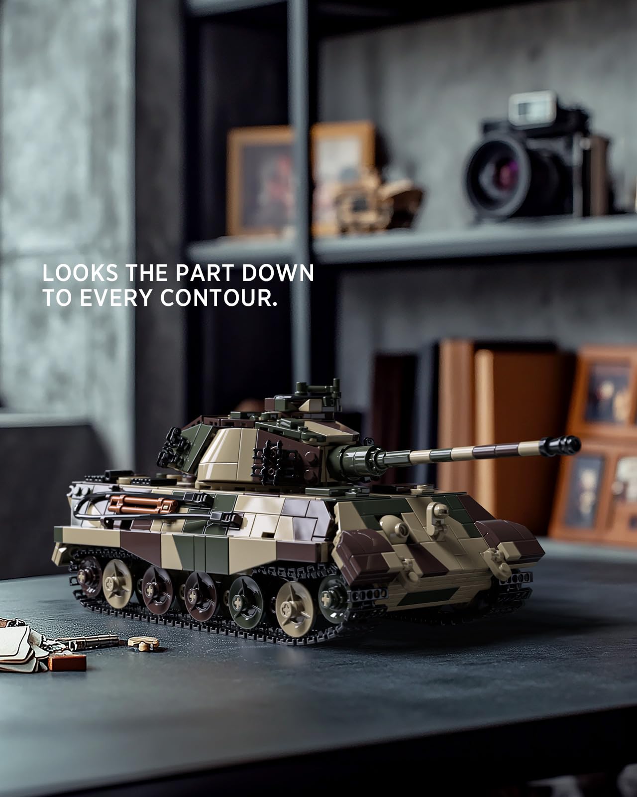 Nifeliz King Tiger tank model side view highlighting scale accuracy for shelf display.