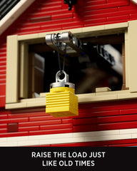 Nifeliz Red Barn Building Set loft-hoist-system close-up highlights interactive, collectible detail.