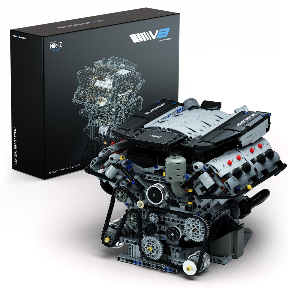 Nifeliz V8 engine building set shows piston assembly in motion for hands-on mechanical exploration