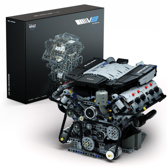 Nifeliz V8 engine building set shows piston assembly in motion for hands-on mechanical exploration