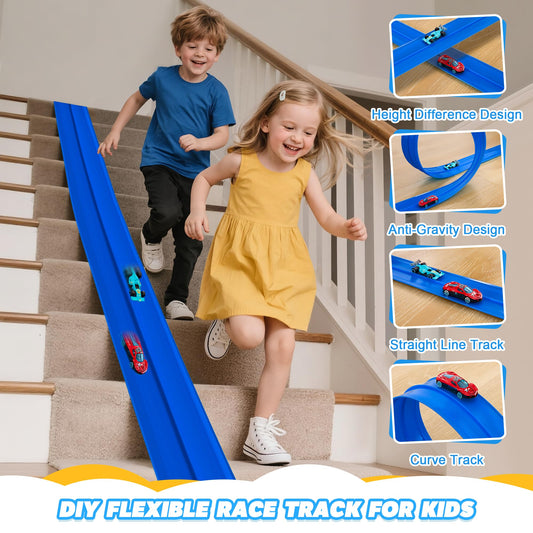Nigwet bendable flex-track curve demonstrates loops and curves for imaginative race layouts.