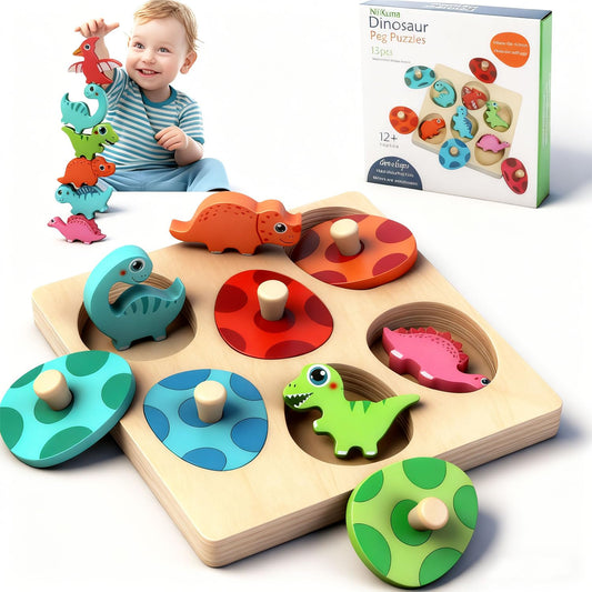 Nijikuma dinosaur eggs pegged puzzle supports color matching and shape recognition for toddlers.