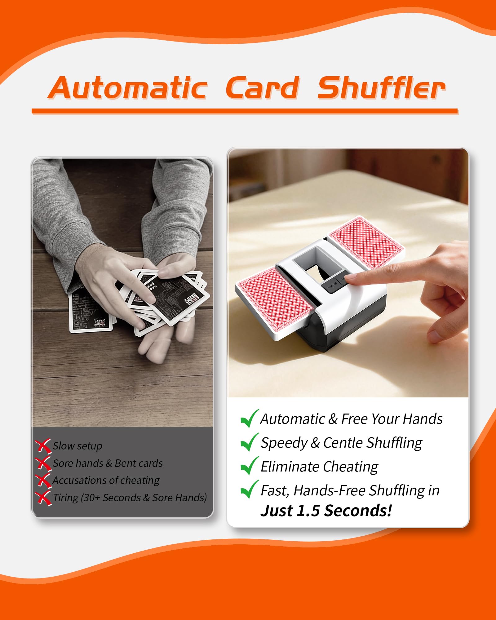 Nileole auto shuffler with one-press operation for quick card preparation.