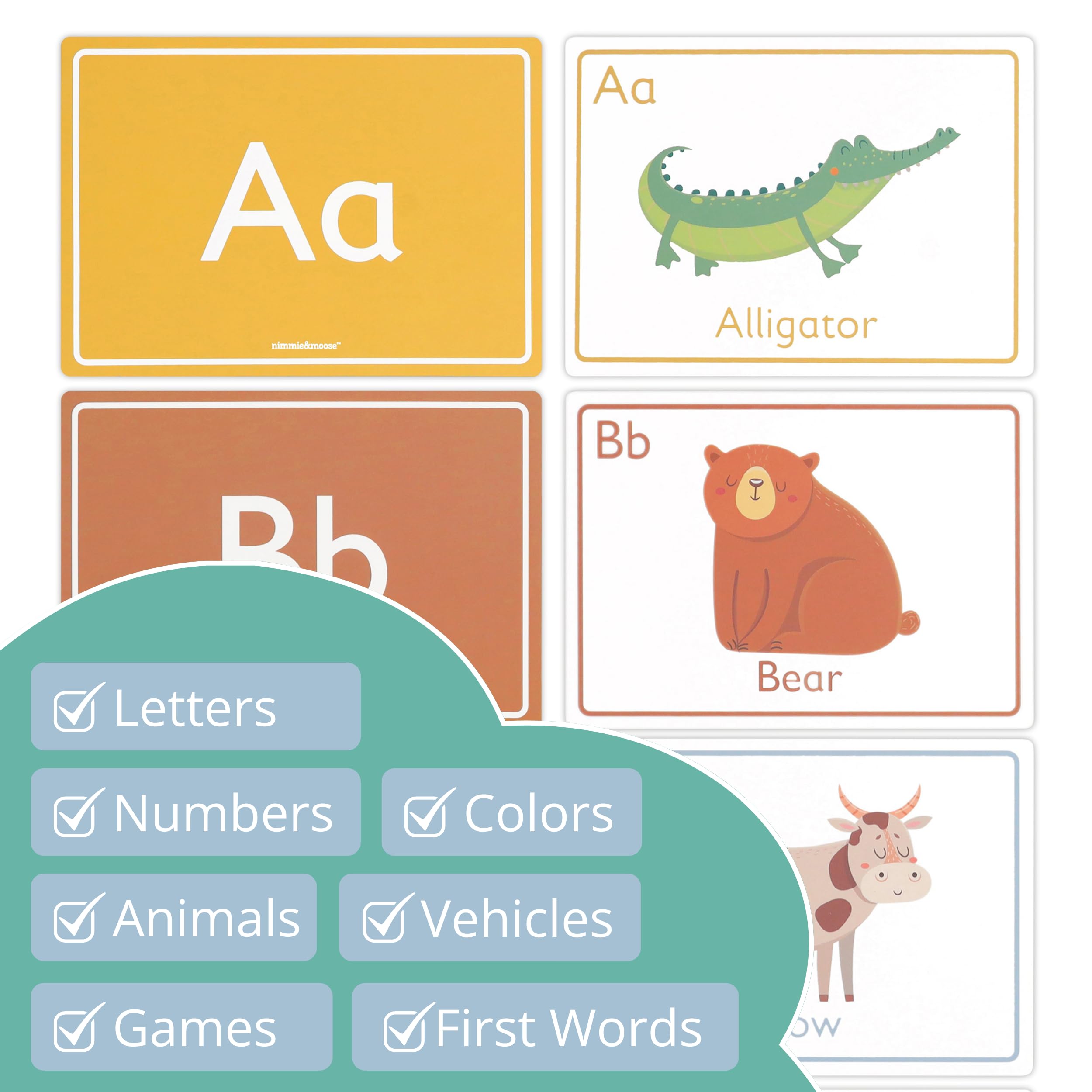 Nimmie & Moose color and animal cards—engages pattern recognition through play.