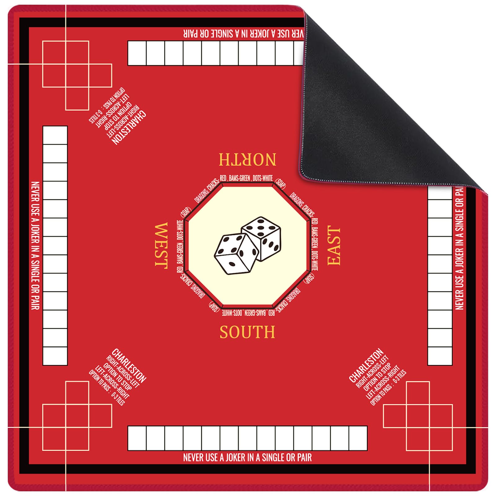 Nine-Marsh Mahjong table mat with red dice motif helps stabilize tiles during play.