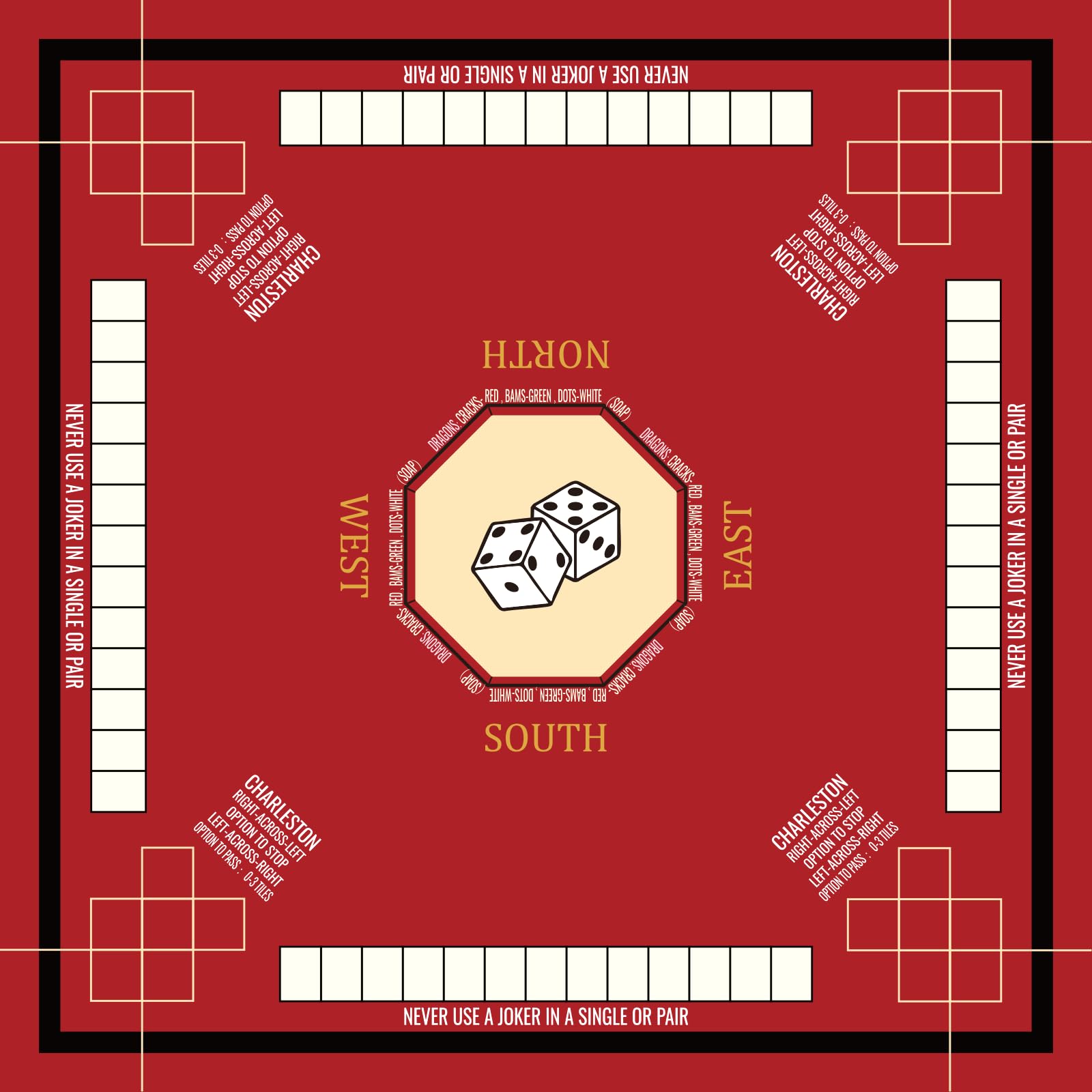 Nine-Marsh red Mahjong table mat provides ample space for tiles and cards.
