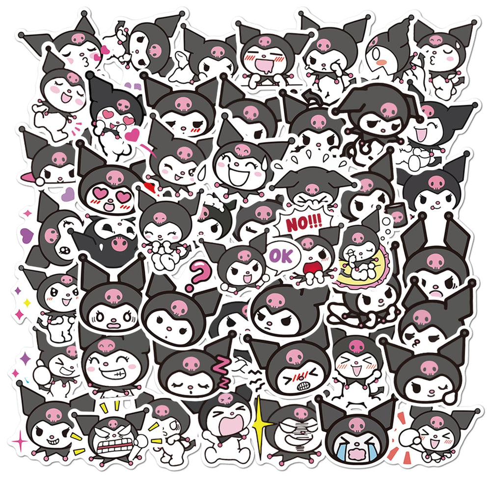 NineGirl Kuromi stickers pack on suitcase, adhesive sticks well for travel.